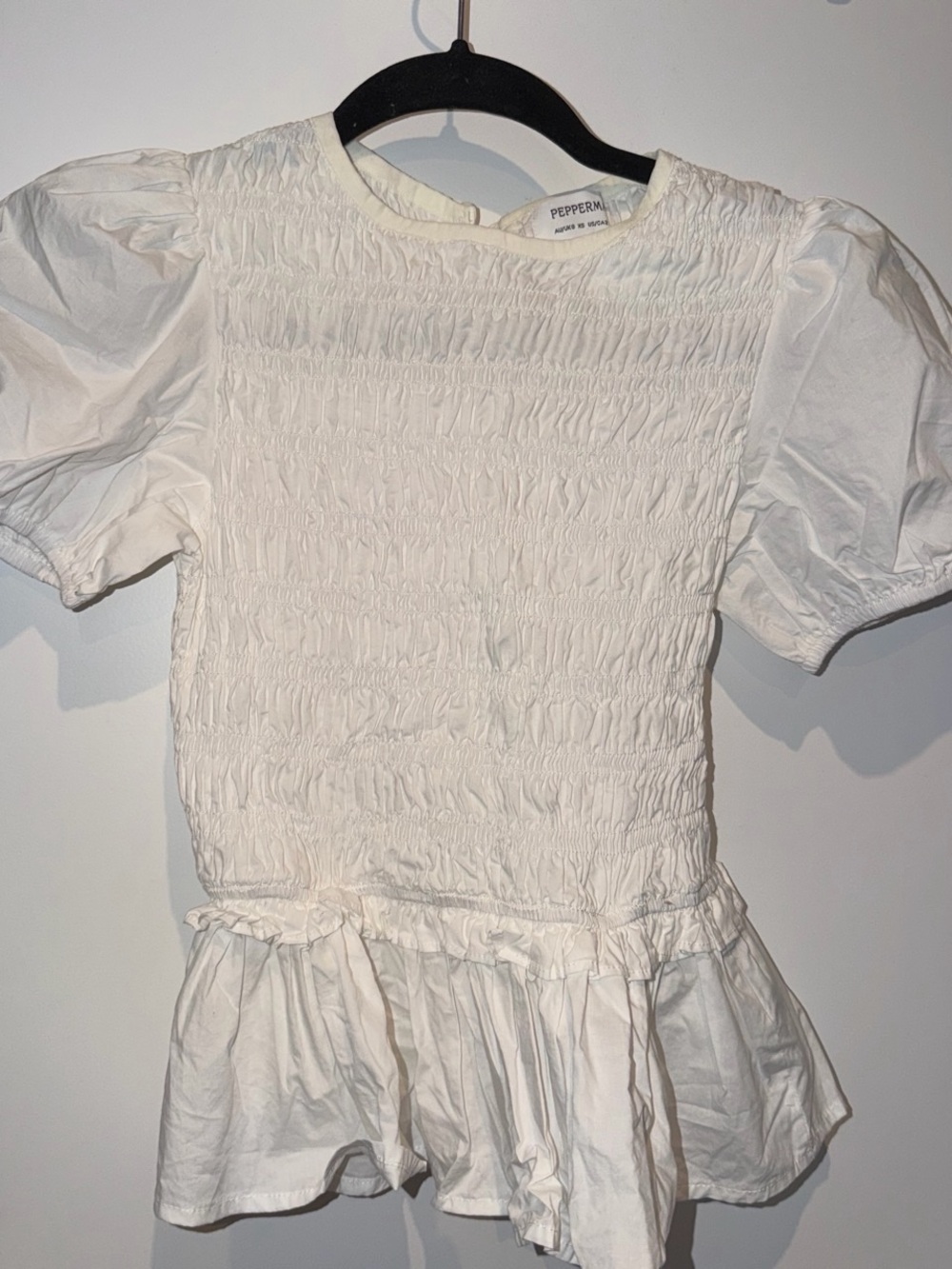 Peppermint White Smocked Peplum Top with Puff Sleeves